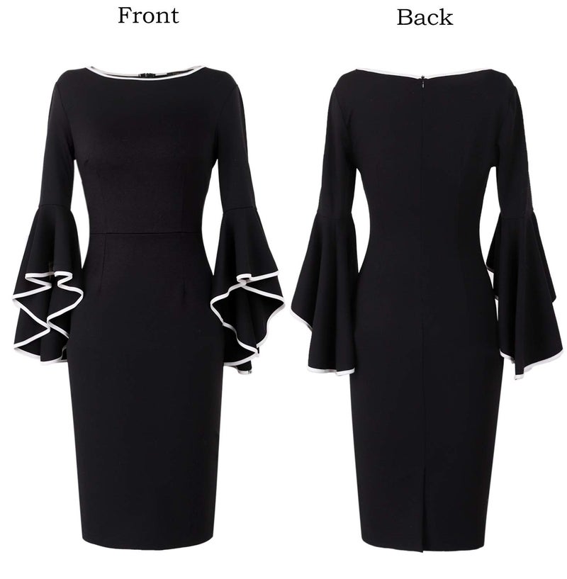 VFSHOW Womens Ruffle Bell Sleeves Cocktail Party Wedding Guest Slim Bodycon Graduation Birthday Party Pencil Sheath Dress (Black with White Piping, X-Large) 5318 BLK XL - Image 3